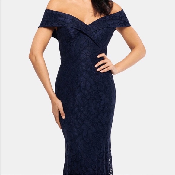 Xcape Off-the-shoulder lace long dress (navy) - Picture 1 of 5